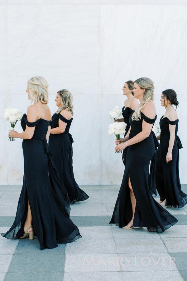 Black Chiffon Mermaid Off Shoulder Long Cheap Custom Side Slit Bridesmaid Dresses, MRB0158