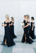 Black Chiffon Mermaid Off Shoulder Long Cheap Custom Side Slit Bridesmaid Dresses, MRB0158