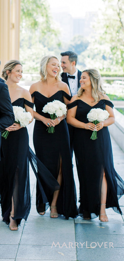 Black Chiffon Mermaid Off Shoulder Long Cheap Custom Side Slit Bridesmaid Dresses, MRB0158