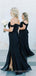 Black Chiffon Mermaid Off Shoulder Long Cheap Custom Side Slit Bridesmaid Dresses, MRB0158