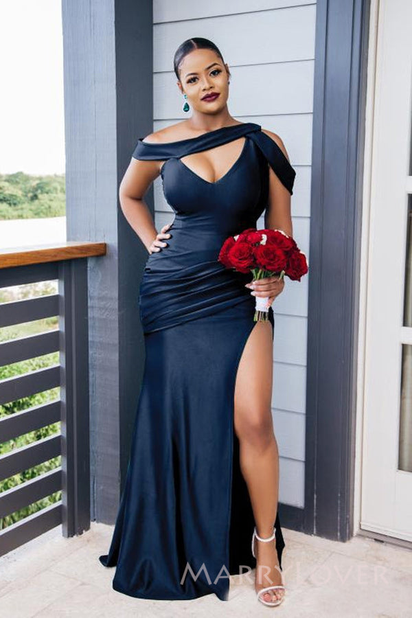 Mismatched Navy Blue Satin Mermaid Side Slit Long Cheap Custom Bridesmaid Dresses, MRB0160