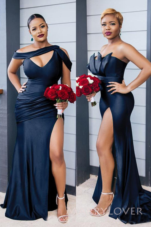 Mismatched Navy Blue Satin Mermaid Side Slit Long Cheap Custom Bridesmaid Dresses, MRB0160