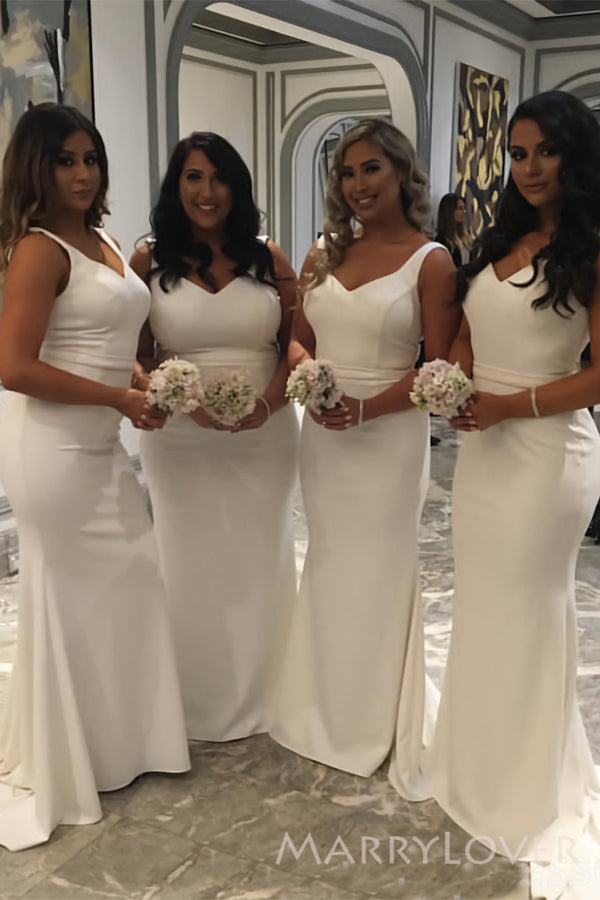 Mermaid V-neck White Long Cheap Custom Bridesmaid Dresses, MRB0162