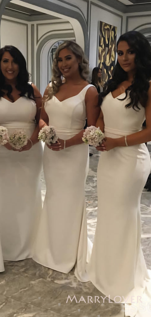 Mermaid V-neck White Long Cheap Custom Bridesmaid Dresses, MRB0162