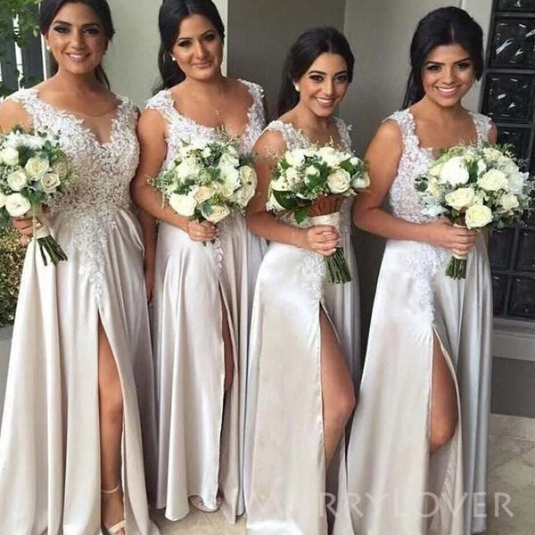 Ivory Satin Appliques Side Slit Long Cheap Custom Bridesmaid Dresses, MRB0163