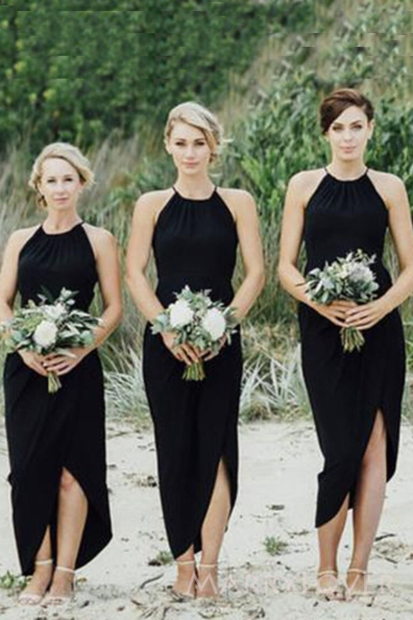 Simple Black Mermaid Long Cheap Custom Side Slit Bridesmaid Dresses, MRB0169