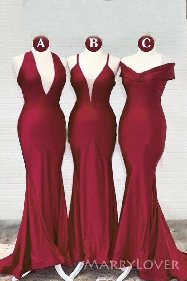 Mismatched Burgundy Satin Mermaid Long Cheap Custom Bridesmaid Dresses, MRB0170