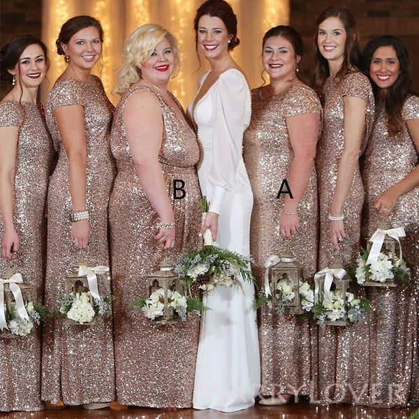 Mismatched Gold Sequins Mermaid Long Cheap Custom Bridesmaid Dresses, MRB0172