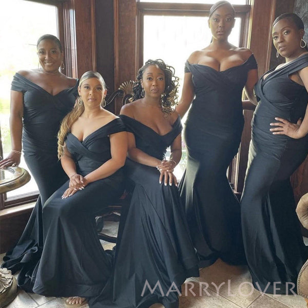 Popular Black satin Off Shoulder Long Cheap Custom Mermaid Bridesmaid Dresses, MRB0174