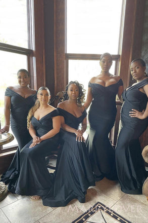 Popular Black satin Off Shoulder Long Cheap Custom Mermaid Bridesmaid Dresses, MRB0174