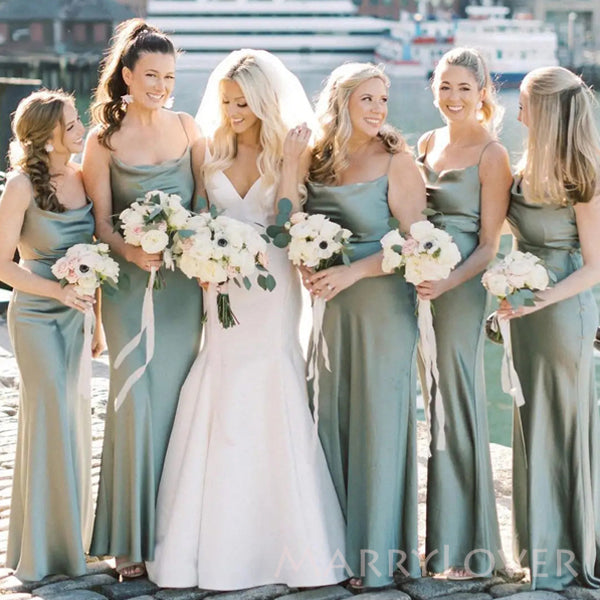 Spaghetti Straps Sage Green Satin Long Cheap Custom Mermaid Bridesmaid Dresses, MRB0175