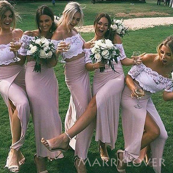 Two Pieces Off Shoulder Side Slit Long Cheap Custom Mermaid Bridesmaid Dresses, MRB0183