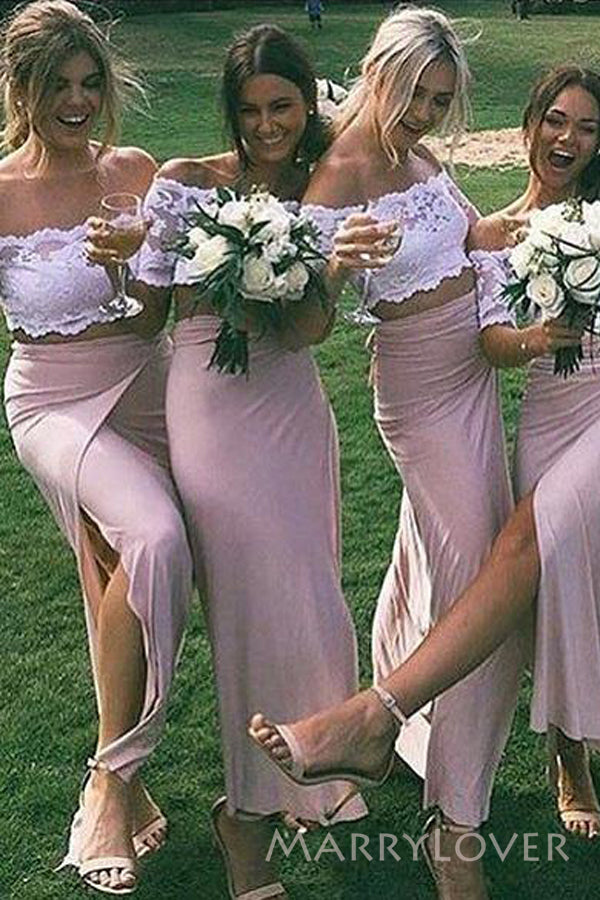 Two Pieces Off Shoulder Side Slit Long Cheap Custom Mermaid Bridesmaid Dresses, MRB0183