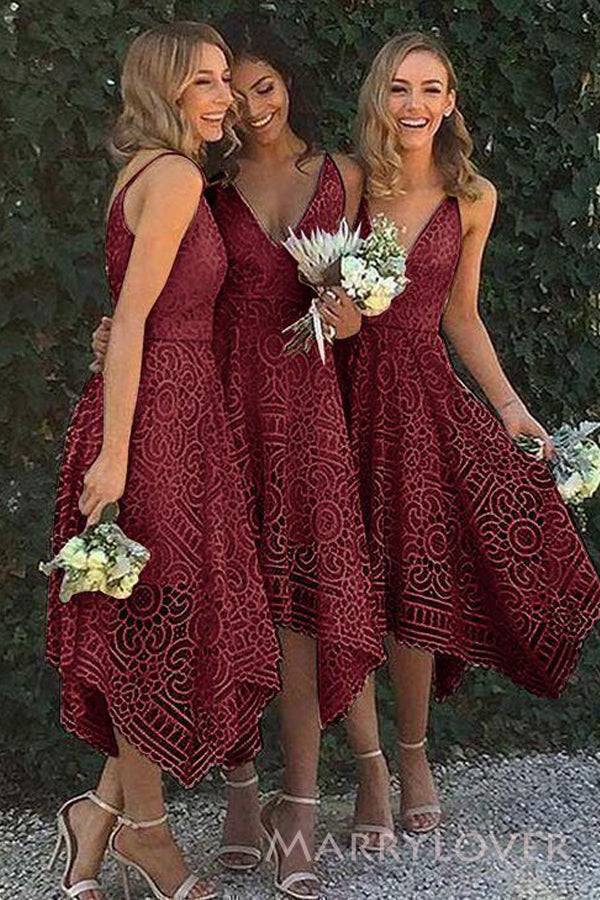 A-line Red Lace Long Cheap Custom Spaghetti Straps Bridesmaid Dresses, Short Bridesmaid dress, MRB0184