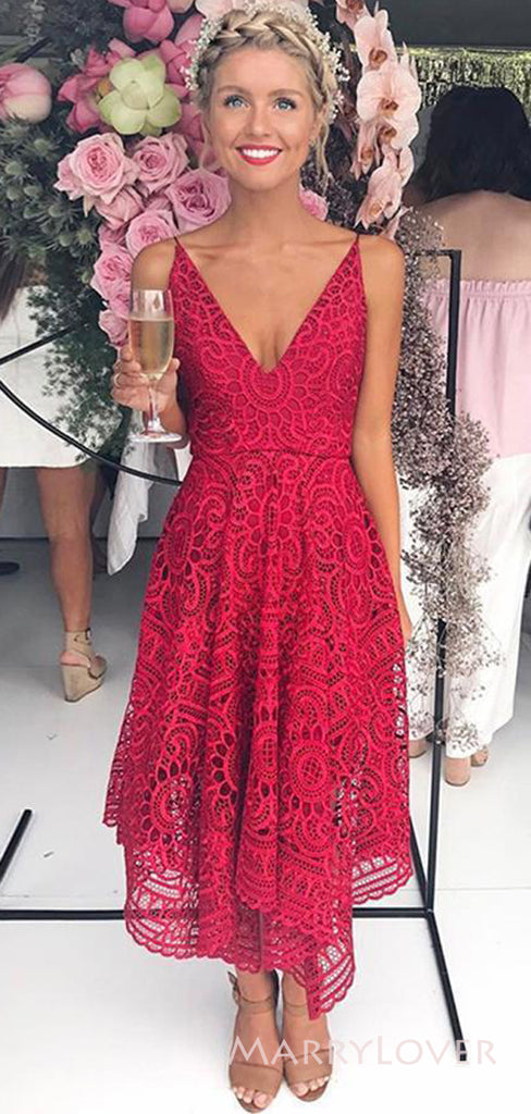 A-line Red Lace Long Cheap Custom Spaghetti Straps Bridesmaid Dresses, Short Bridesmaid dress, MRB0184