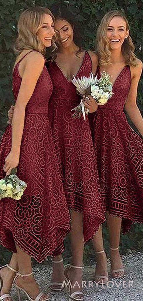 A-line Red Lace Long Cheap Custom Spaghetti Straps Bridesmaid Dresses, Short Bridesmaid dress, MRB0184