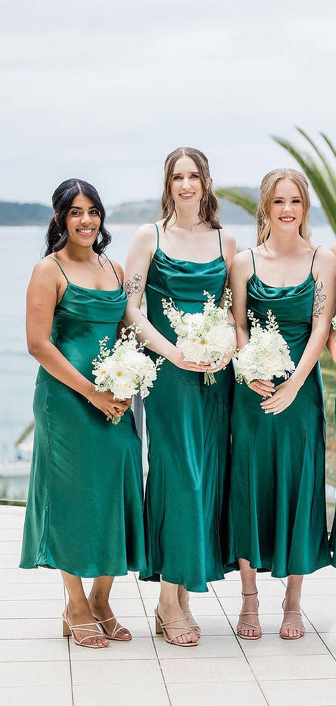 Cowl-neck Mermaid Spaghetti Straps Dark Green Satin Long Cheap Custom Bridesmaid Dresses, MRB0187