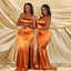 Popular Burnt Orange Satin Mermaid One Shoulder Long Cheap Custom Side Slit Bridesmaid Dresses, MRB0190