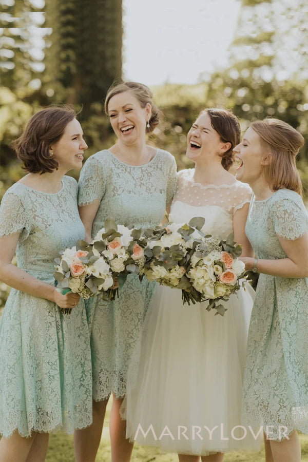 Mint Green Lace A-line Short Cheap Custom Short Sleeves Bridesmaid Dresses, MRB0192