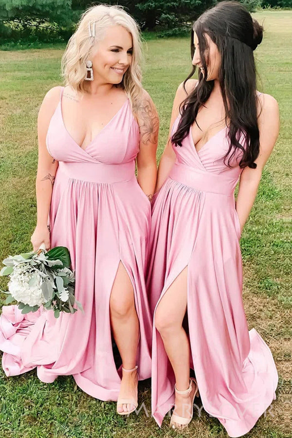 Pink Satin Spaghetti Straps A-line Long Cheap Custom V-neck Bridesmaid Dresses, MRB0195