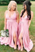 Pink Satin Spaghetti Straps A-line Long Cheap Custom V-neck Bridesmaid Dresses, MRB0195