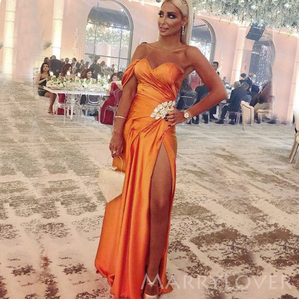 One Shoulder Burnt Orange Satin Side Slit Long Cheap Custom Bridesmaid Dresses, MRB0197