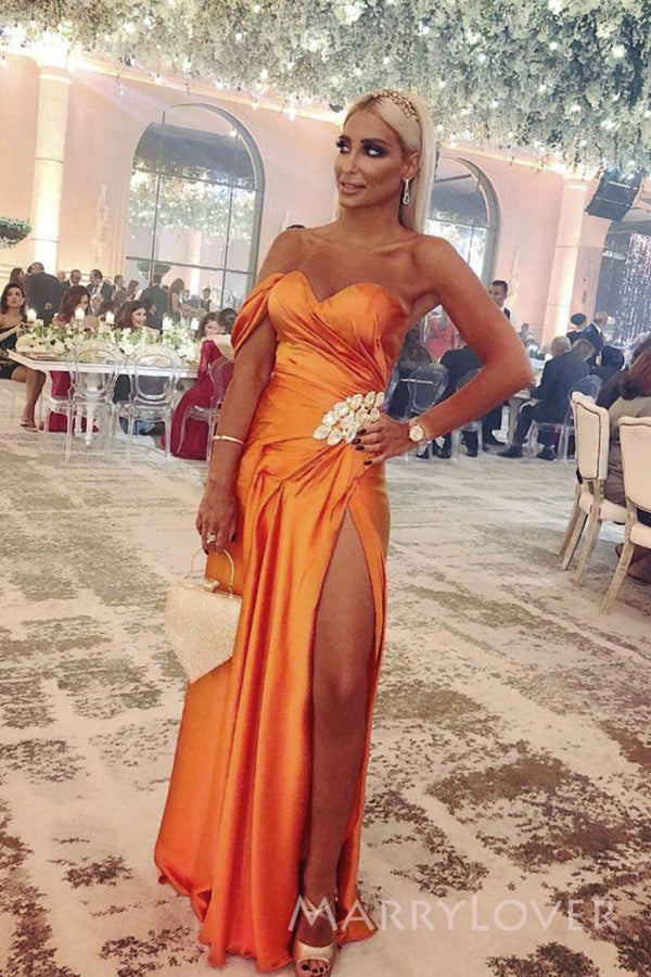 One Shoulder Burnt Orange Satin Side Slit Long Cheap Custom Bridesmaid Dresses, MRB0197