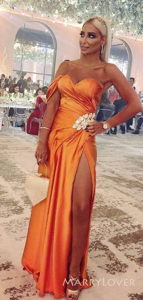 One Shoulder Burnt Orange Satin Side Slit Long Cheap Custom Bridesmaid Dresses, MRB0197