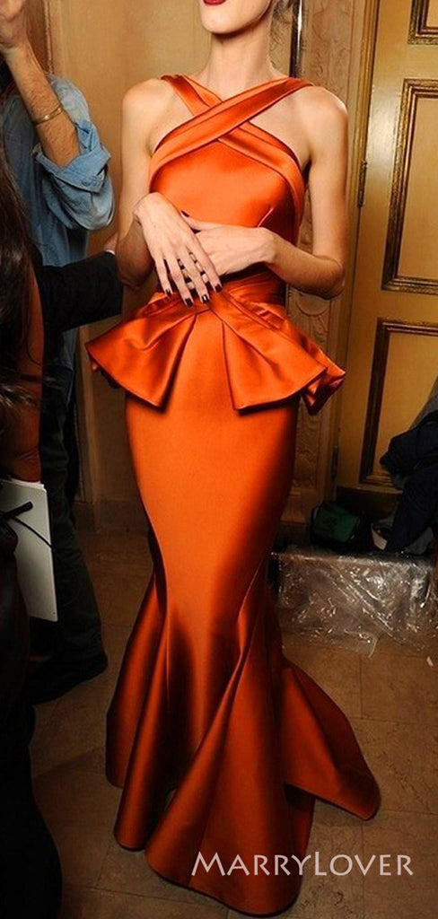 Unique Burnt Orange Satin Mermaid Long Cheap Custom Bridesmaid Dresses, MRB0199