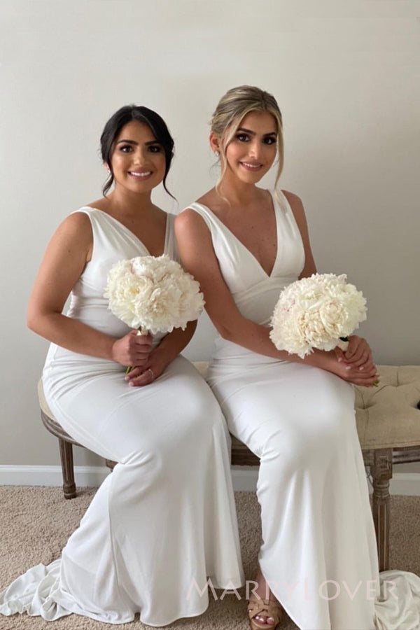 Deep V-neck White Mermaid Long Cheap V-back Bridesmaid Dresses, MRB0201