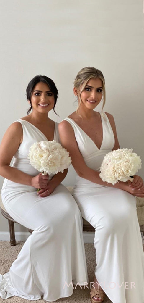 Deep V-neck White Mermaid Long Cheap V-back Bridesmaid Dresses, MRB0201