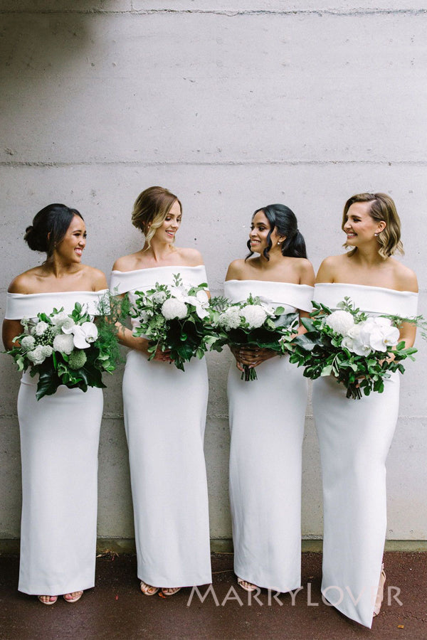 Simple Off Shoulder White Satin Long Cheap Mermaid Bridesmaid Dresses, MRB0203