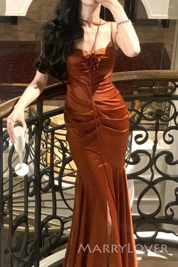 Burnt Orange Satin Spaghetti Straps Long Custom Mermaid Bridesmaid Dresses, MRB0204