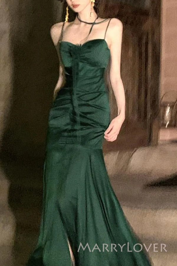 Burnt Orange Satin Spaghetti Straps Long Custom Mermaid Bridesmaid Dresses, MRB0204