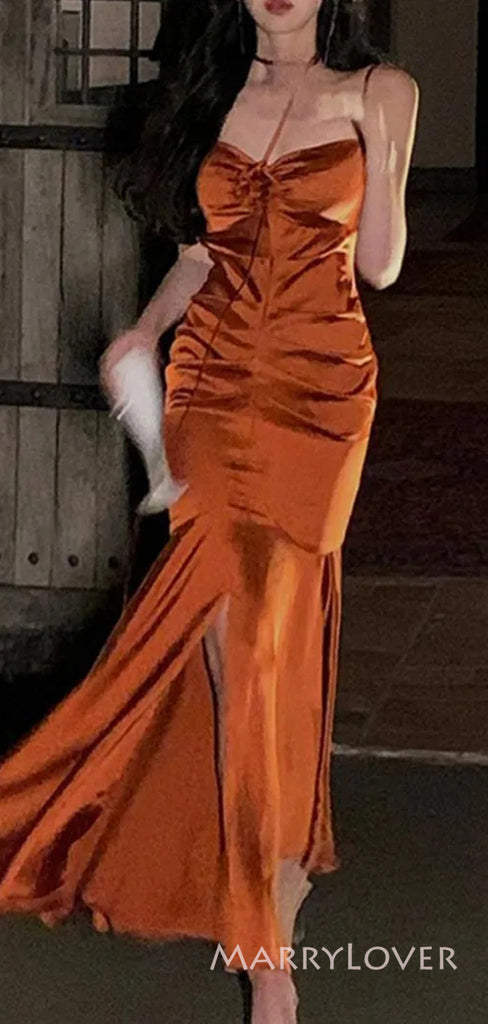 Burnt Orange Satin Spaghetti Straps Long Custom Mermaid Bridesmaid Dresses, MRB0204