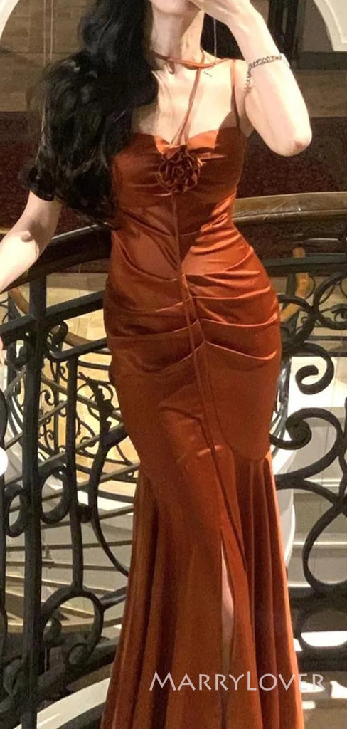 Burnt Orange Satin Spaghetti Straps Long Custom Mermaid Bridesmaid Dresses, MRB0204