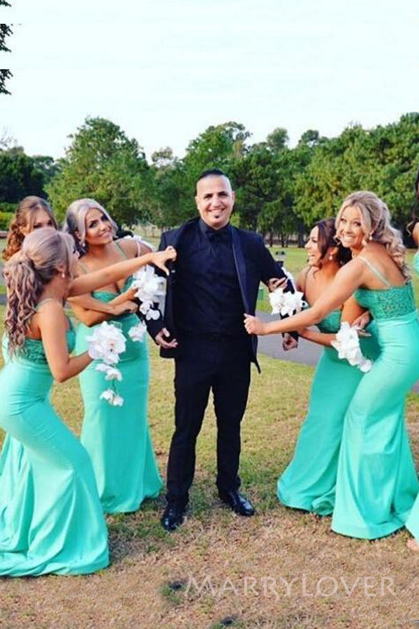 Spaghetti Straps Mermaid Mint Green Long Cheap Bridesmaid Dresses, MRB0210