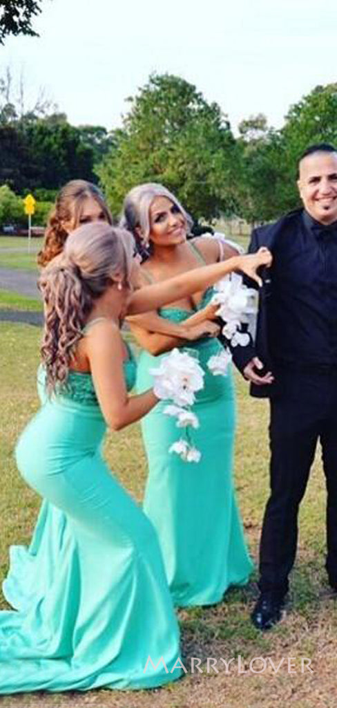 Spaghetti Straps Mermaid Mint Green Long Cheap Bridesmaid Dresses, MRB0210