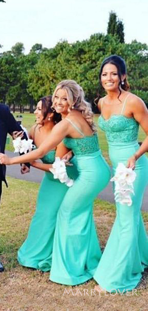 Spaghetti Straps Mermaid Mint Green Long Cheap Bridesmaid Dresses, MRB0210