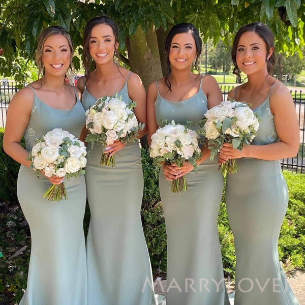 Spaghetti Straps Dusty Sage Satin Appliques Mermaid Long Cheap Bridesmaid Dresses, MRB0211