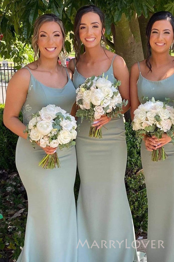 Spaghetti Straps Dusty Sage Satin Appliques Mermaid Long Cheap Bridesmaid Dresses, MRB0211