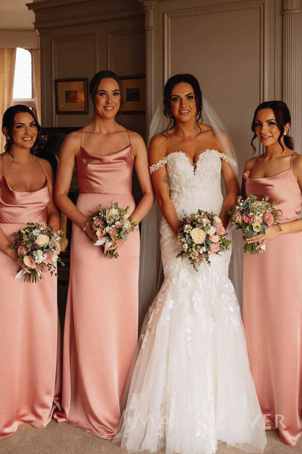 Popular Spaghetti Straps Satin Long Cheap Custom Mermaid Bridesmaid Dresses, MRB0215