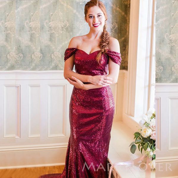 Burgundy Sequins Off Shoulder Mermaid Long Cheap Custom Sweetheart Bridesmaid Dresses, MRB0217