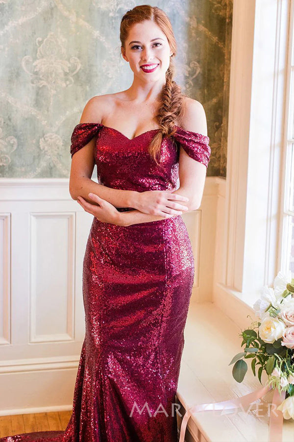 Burgundy Sequins Off Shoulder Mermaid Long Cheap Custom Sweetheart Bridesmaid Dresses, MRB0217