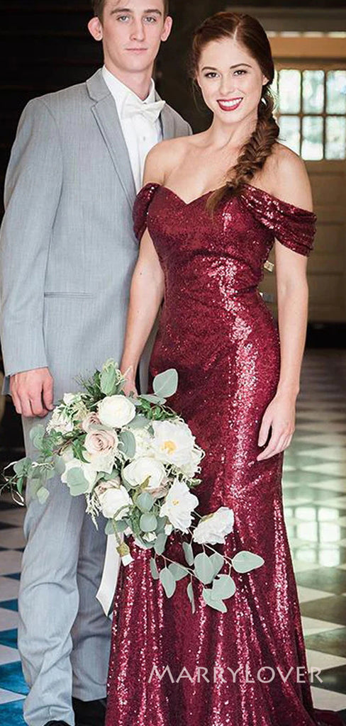 Burgundy Sequins Off Shoulder Mermaid Long Cheap Custom Sweetheart Bridesmaid Dresses, MRB0217