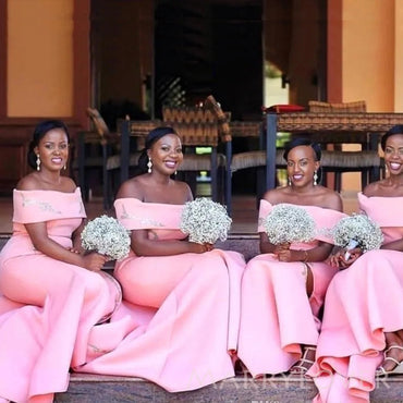 Pretty Pink Satin Appliques Mermaid Long Cheap Custom Bridesmaid Dresses, MRB0225