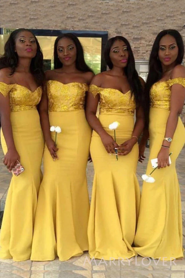 Morden Mermaid Yellow Sequins Long Cheap Custom Off Shoulder Bridesmaid Dresses, MRB0226