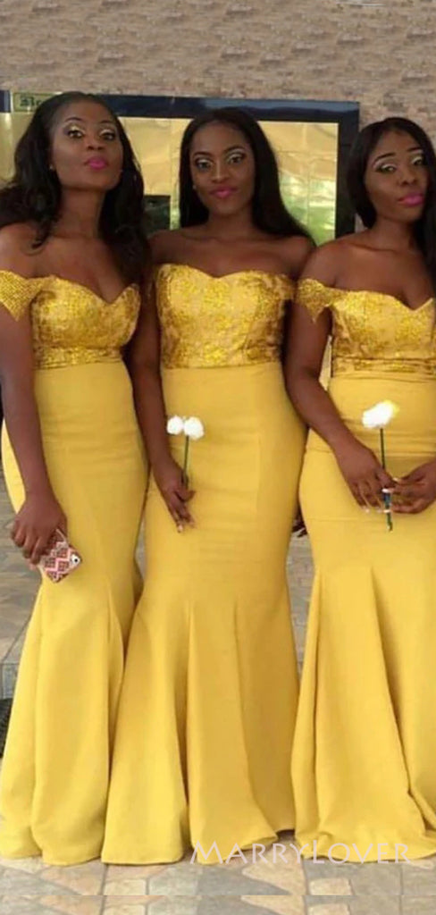 Morden Mermaid Yellow Sequins Long Cheap Custom Off Shoulder Bridesmaid Dresses, MRB0226