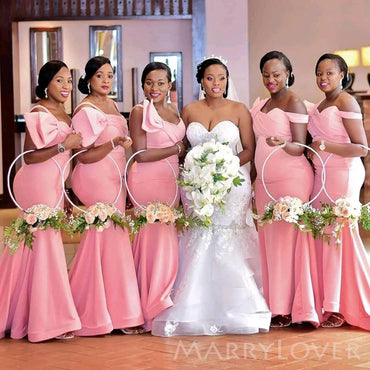 Unique Pink Satin Mermaid Long Cheap Custom Bridesmaid Dresses, MRB0230