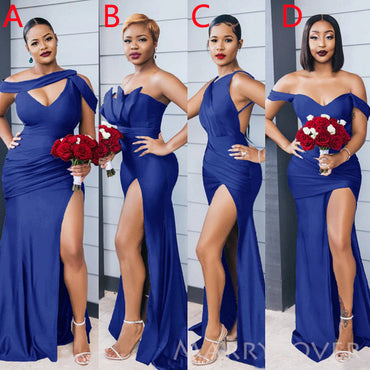 Mismatched Royal Blue Satin Mermaid Long Cheap Custom Side Slit Bridesmaid Dresses, MRB0231